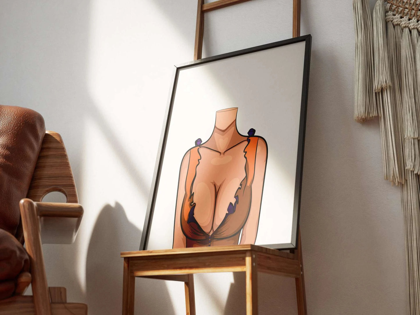 Digital art print of a figure in a ruffled orange and brown top with purple accents, emphasizing curves and featuring a heart-shaped highlight near the collarbone, titled "Lingerie Model 85 - Digitalized Arts Baked Art."