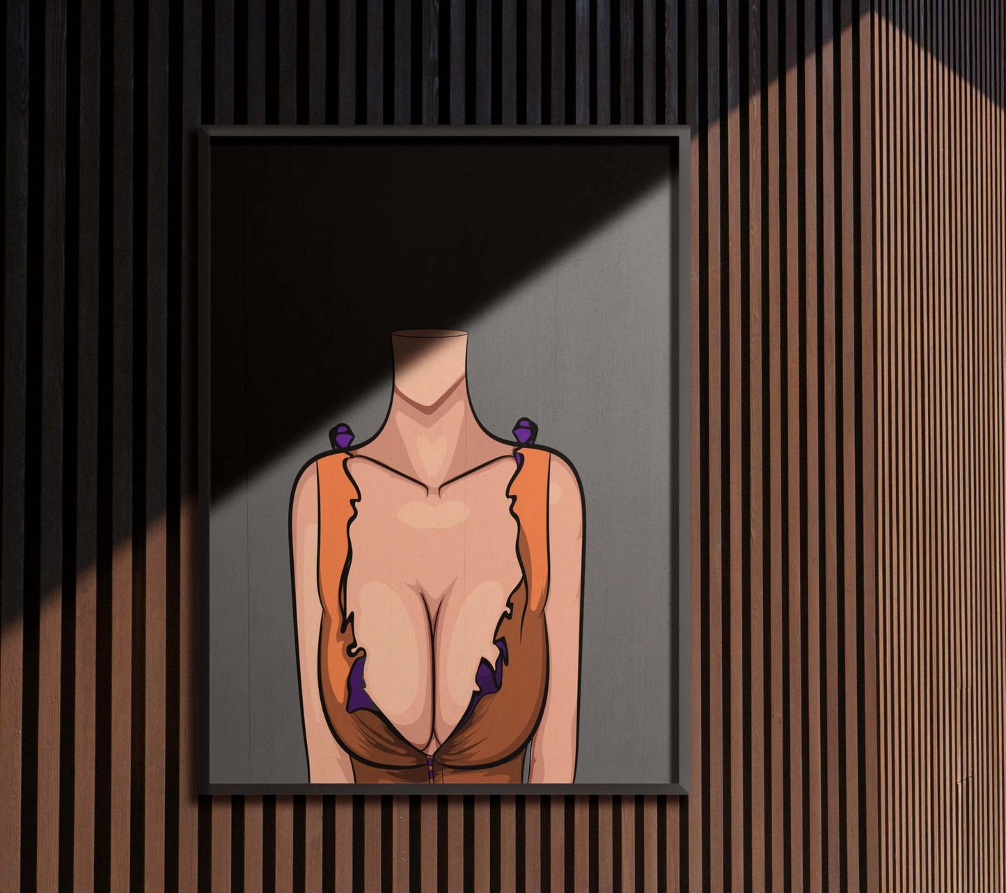 Baked Art - Model 85 digital artwork depicting a figure in a ruffled orange and brown top with purple accents, featuring detailed textures and a heart-shaped highlight near the collarbone.