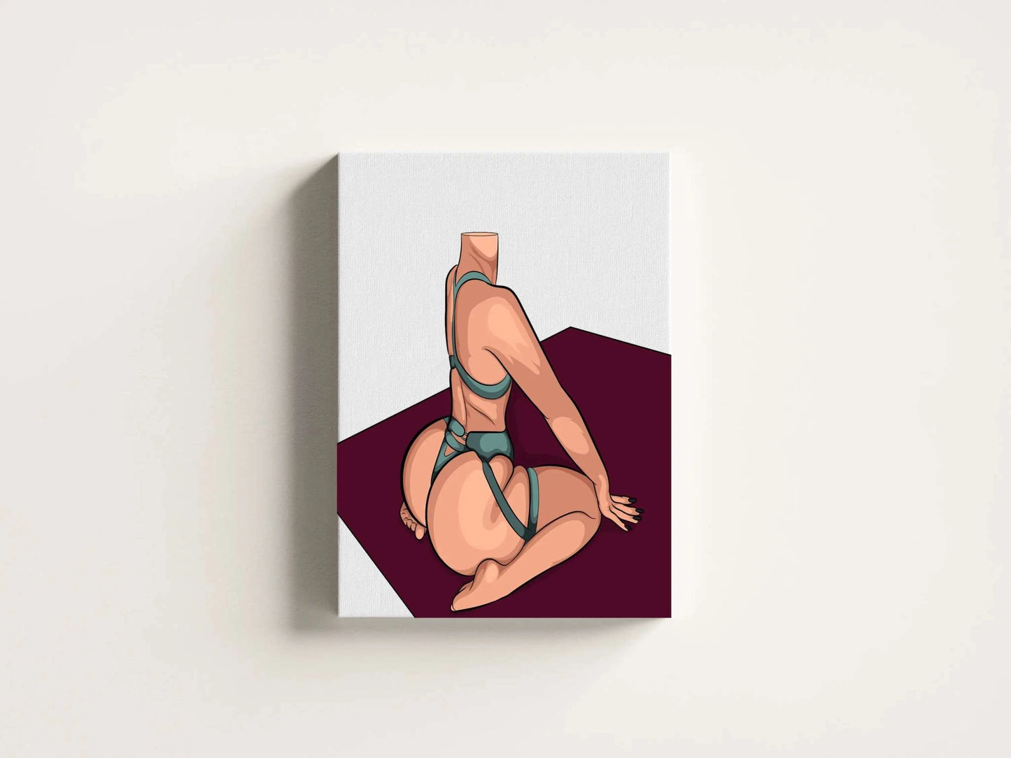 Digital illustration of a figure in teal lingerie on a dark red background, highlighting flexibility and anatomical detail. Baked Art - Model 88.