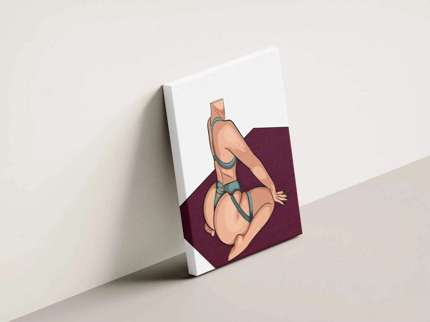 Digital illustration of a figure in teal lingerie against a dark red backdrop, showcasing flexibility and muscle definition; Baked Art - Model 88.