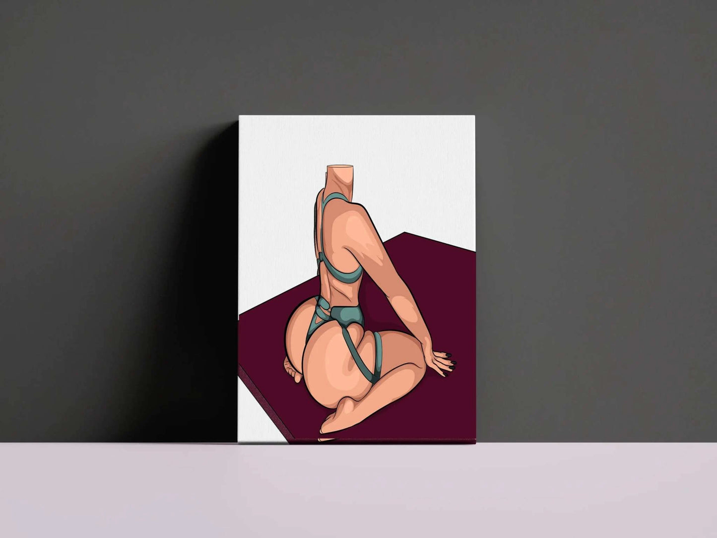 Digital illustration of Baked Art - Model 88 showcasing flexibility and control in a teal strappy outfit against a dark red backdrop.