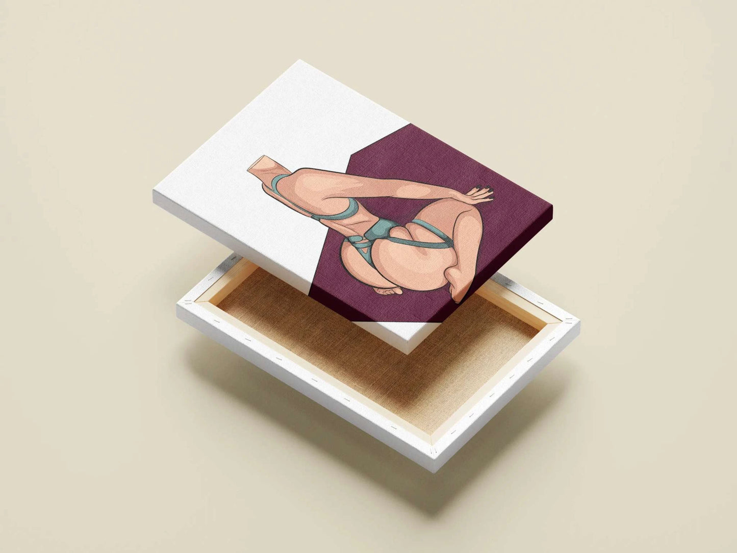 Digital illustration of a flexible figure in a teal strappy outfit against a dark red backdrop, titled "Baked Art - Model 88".
