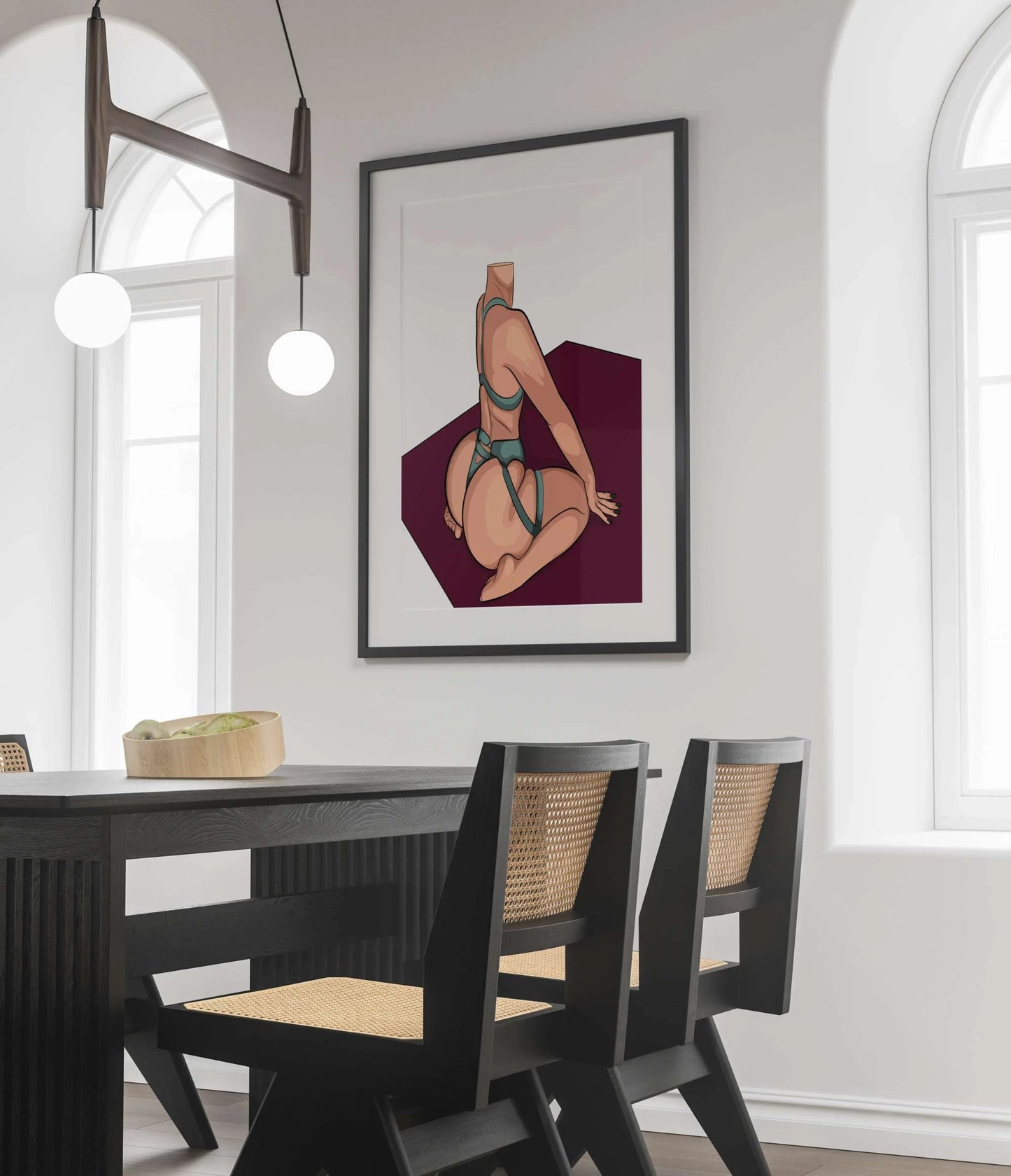 Baked Art - Model 88 illustration in teal lingerie with dark red backdrop.