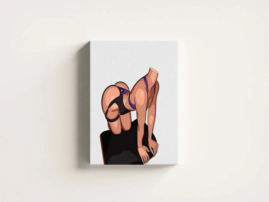 Model 89 digital illustration emphasizing strength and flexibility, featuring purple and black lingerie, dynamic pose, and polished anatomical detail.