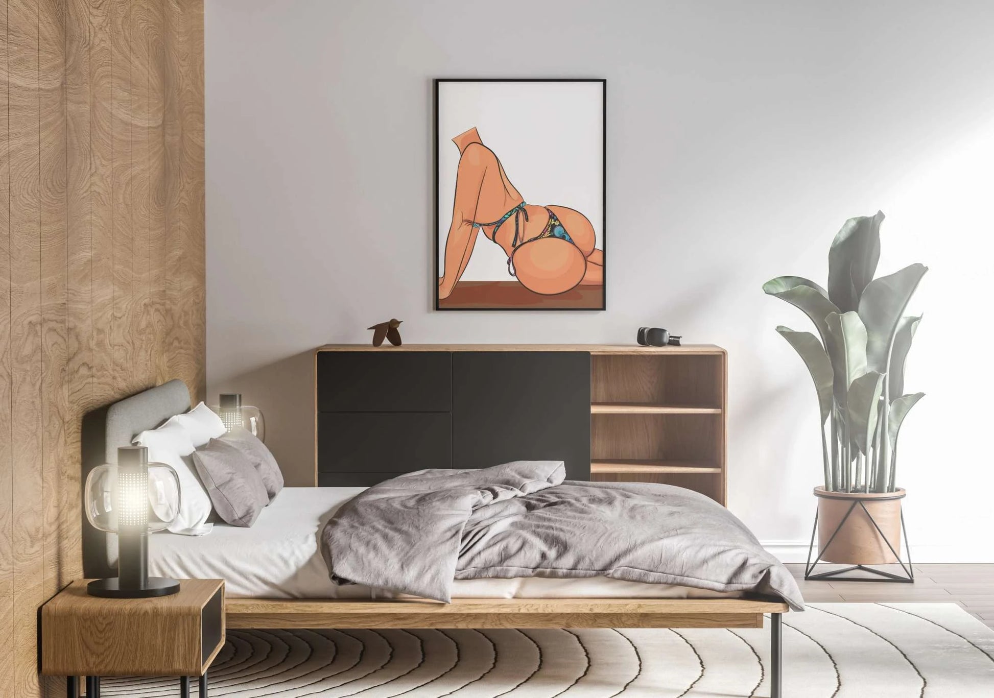 Bikini Model 8 digital artwork by Digitalized Arts in modern bedroom setting.