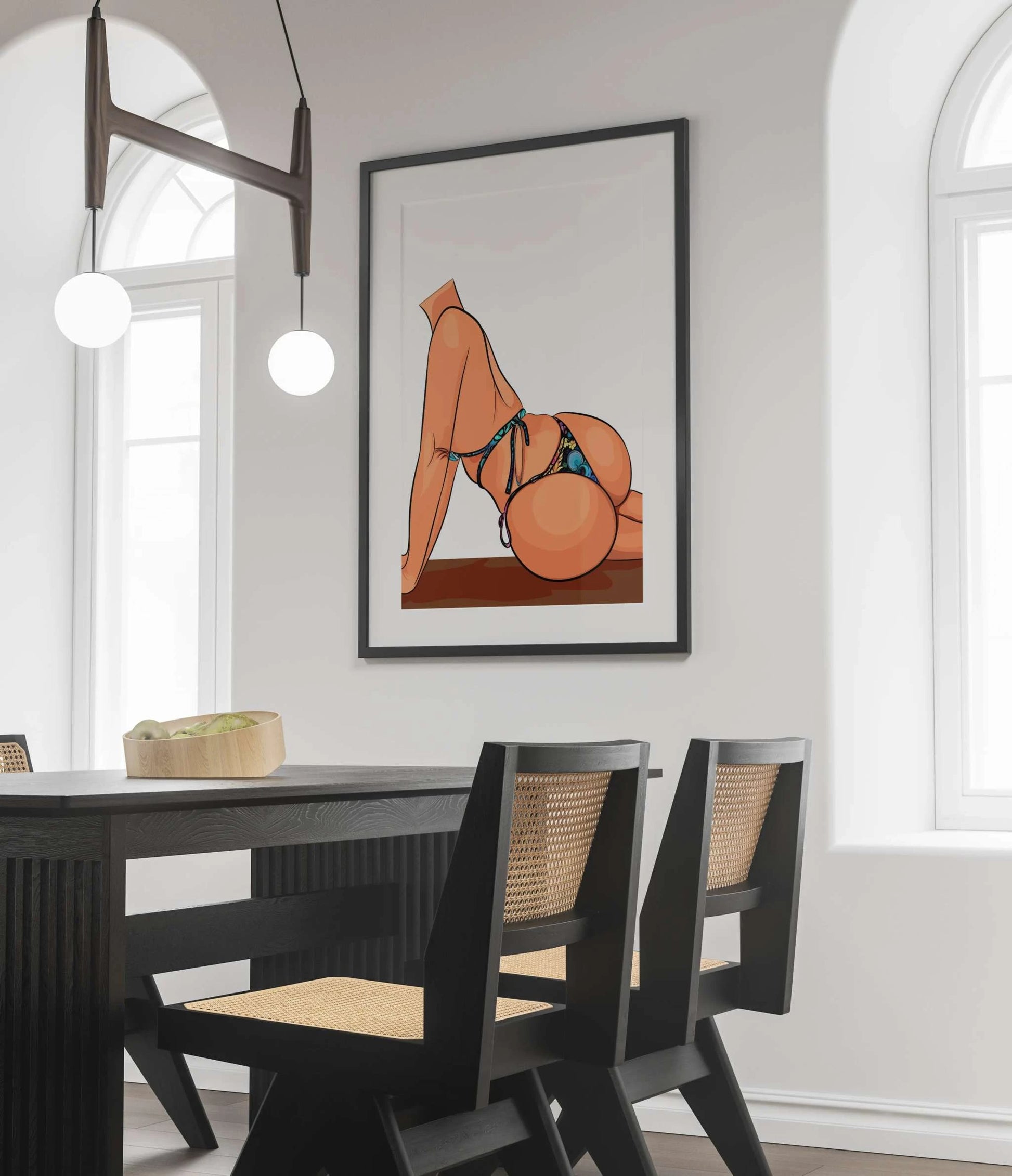 Bikini Model 8 baked art print displayed in modern dining room setting.