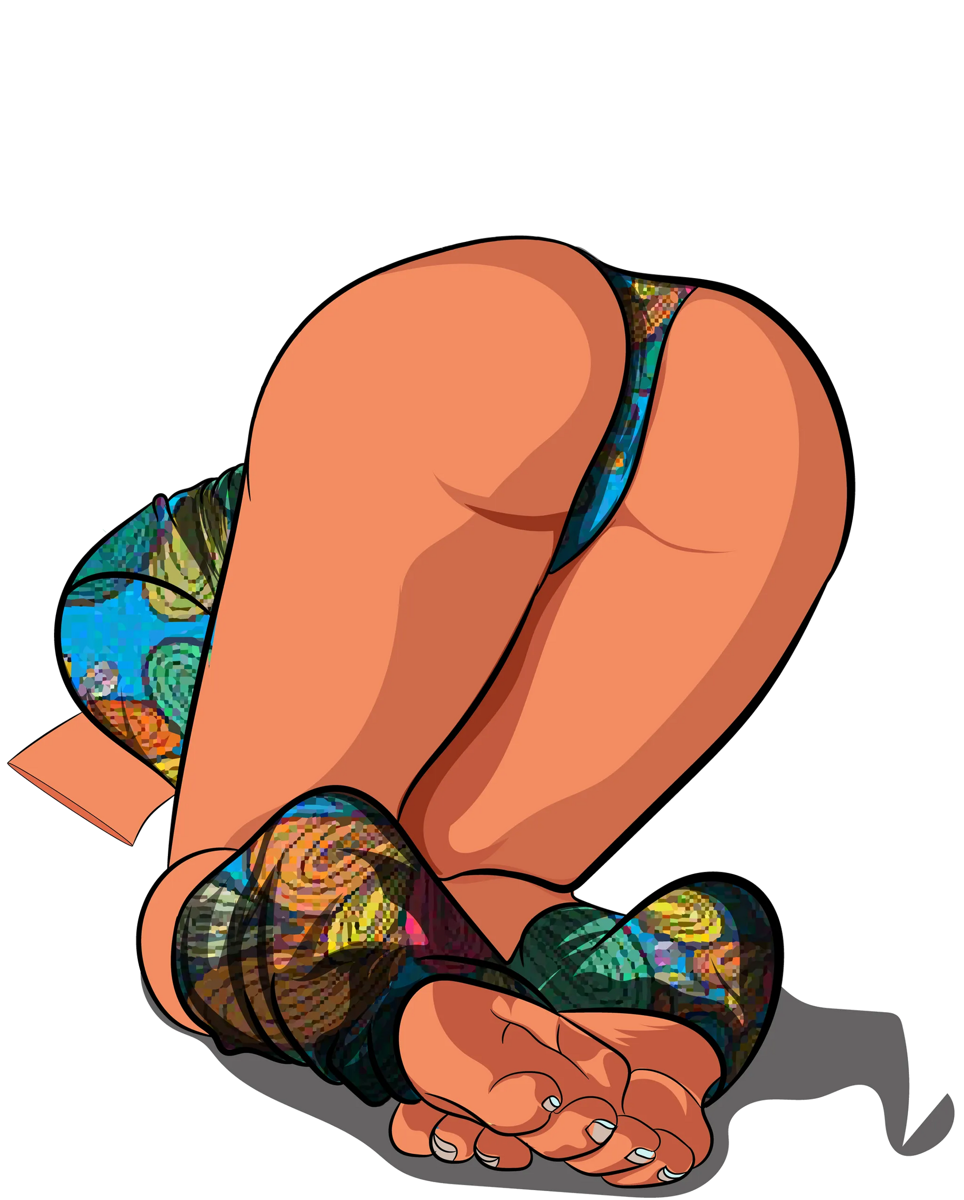 Model 9 - Baked Art digital illustration featuring a vividly patterned outfit, celebrating the female form.