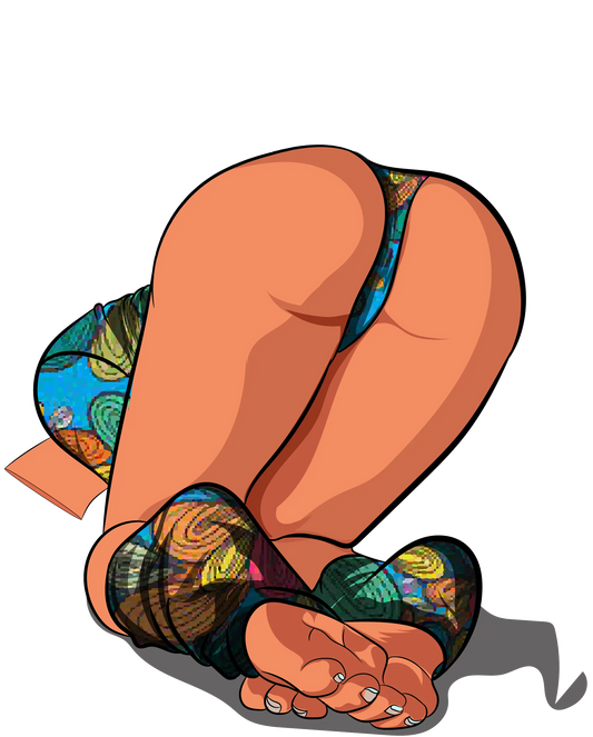 Model 9 - Baked Art digital illustration featuring a vividly patterned outfit, celebrating the female form.