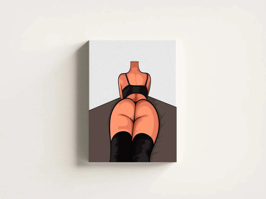 Digital illustration of a reclining figure in black attire and thigh-high boots, emphasizing curves and contours against a minimalistic background.