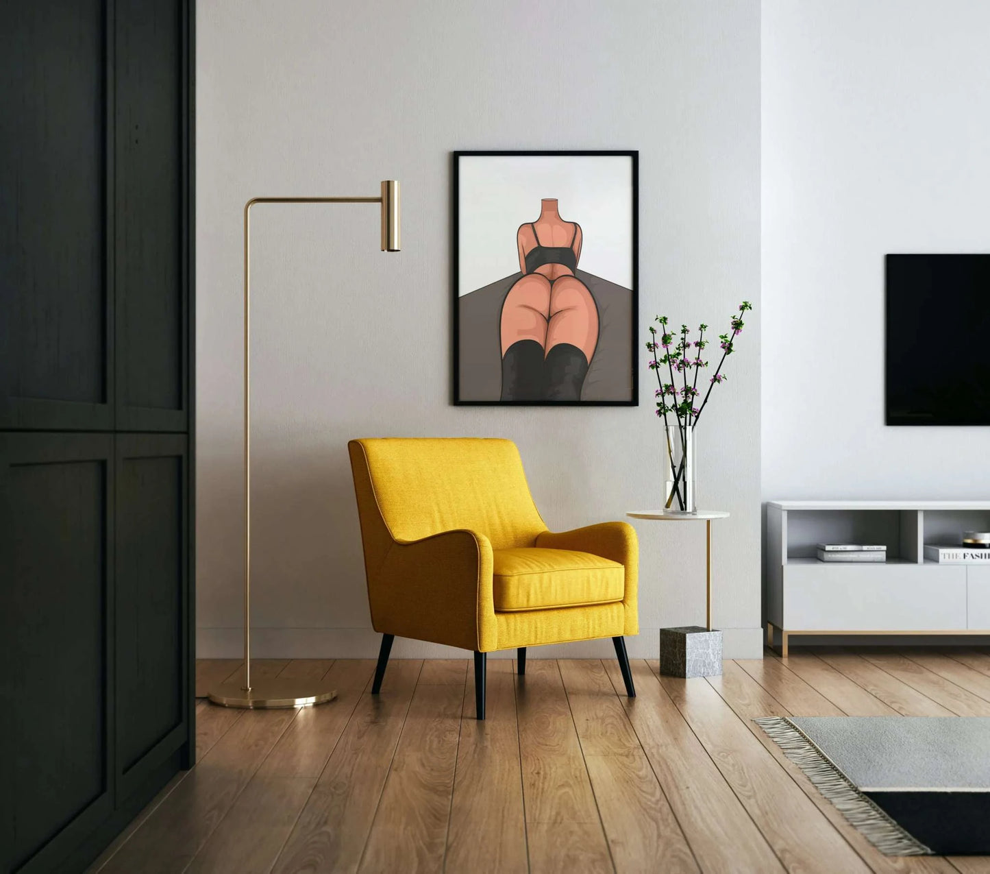 Lingerie Model 90 digital art illustration with bold black attire and thigh-high boots, emphasizing body contours in a minimalistic setting.