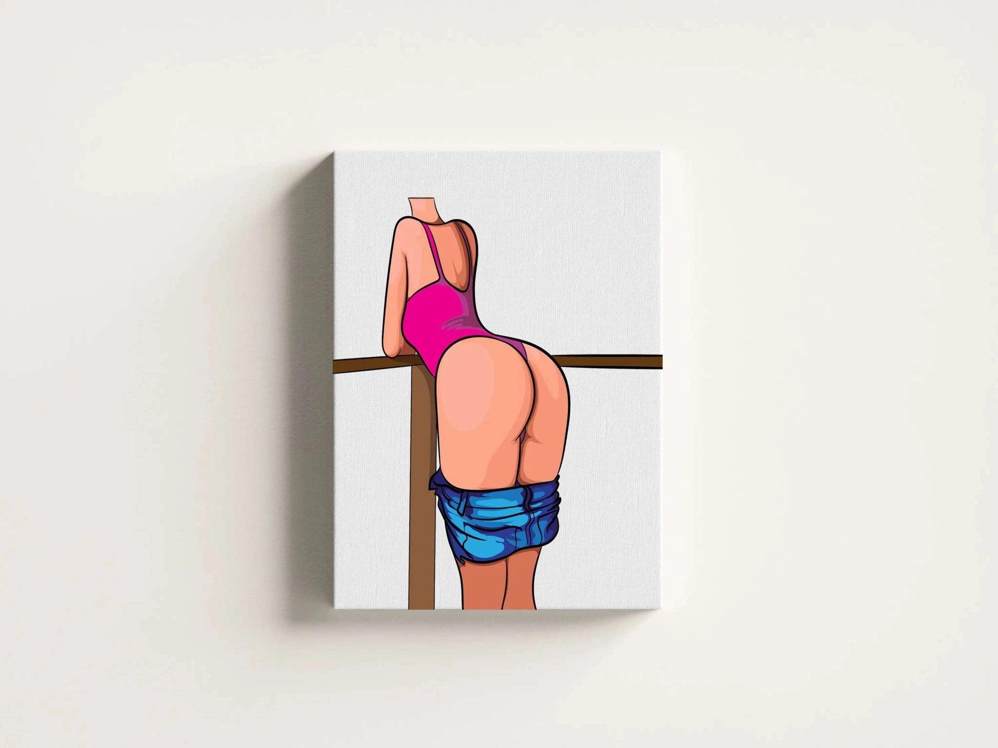 Baked Art - Model 91 illustration featuring a figure in a bright pink swimsuit, leaning on a wooden railing with denim jeans hanging below the waist.