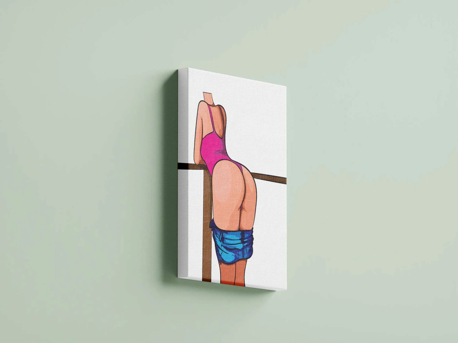 Baked Art - Model 91 illustration with figure in pink swimsuit leaning on railing, denim jeans hanging low, emphasizing color contrast and dynamic posture.