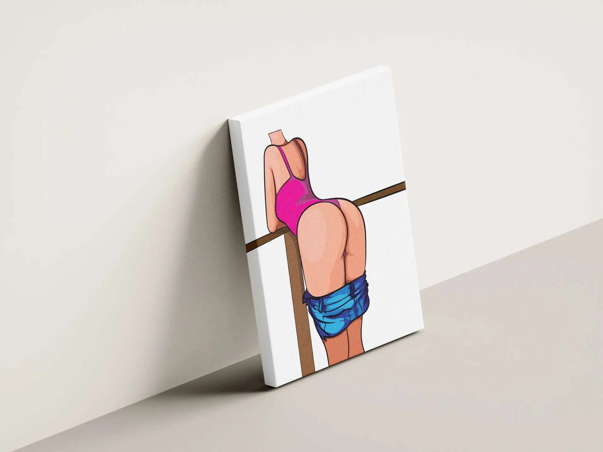 Baked Art - Model 91 illustration featuring a figure in a bright pink swimsuit and loosely hanging denim jeans leaning on a wooden railing.
