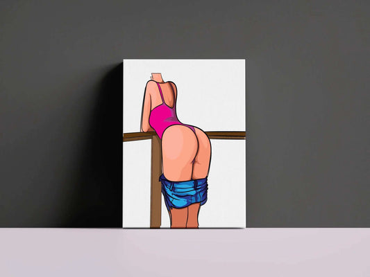 Illustration of a figure in a bright pink swimsuit leaning on a railing with jeans hanging below waist, digital art.