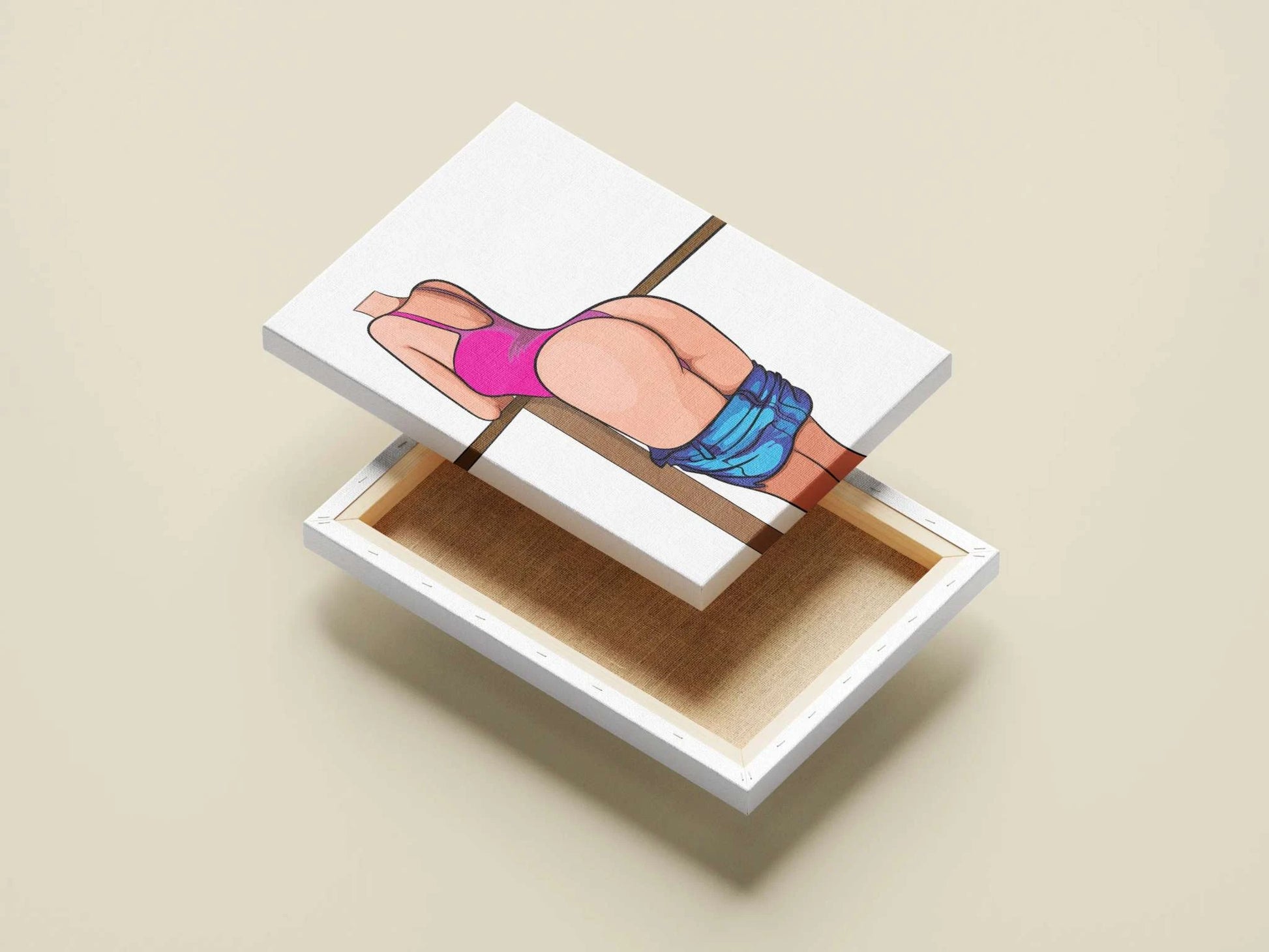 Bikini Model 91 digital artwork featuring vibrant pink swimsuit and denim jeans, showcasing the artistic style of Baked Art.