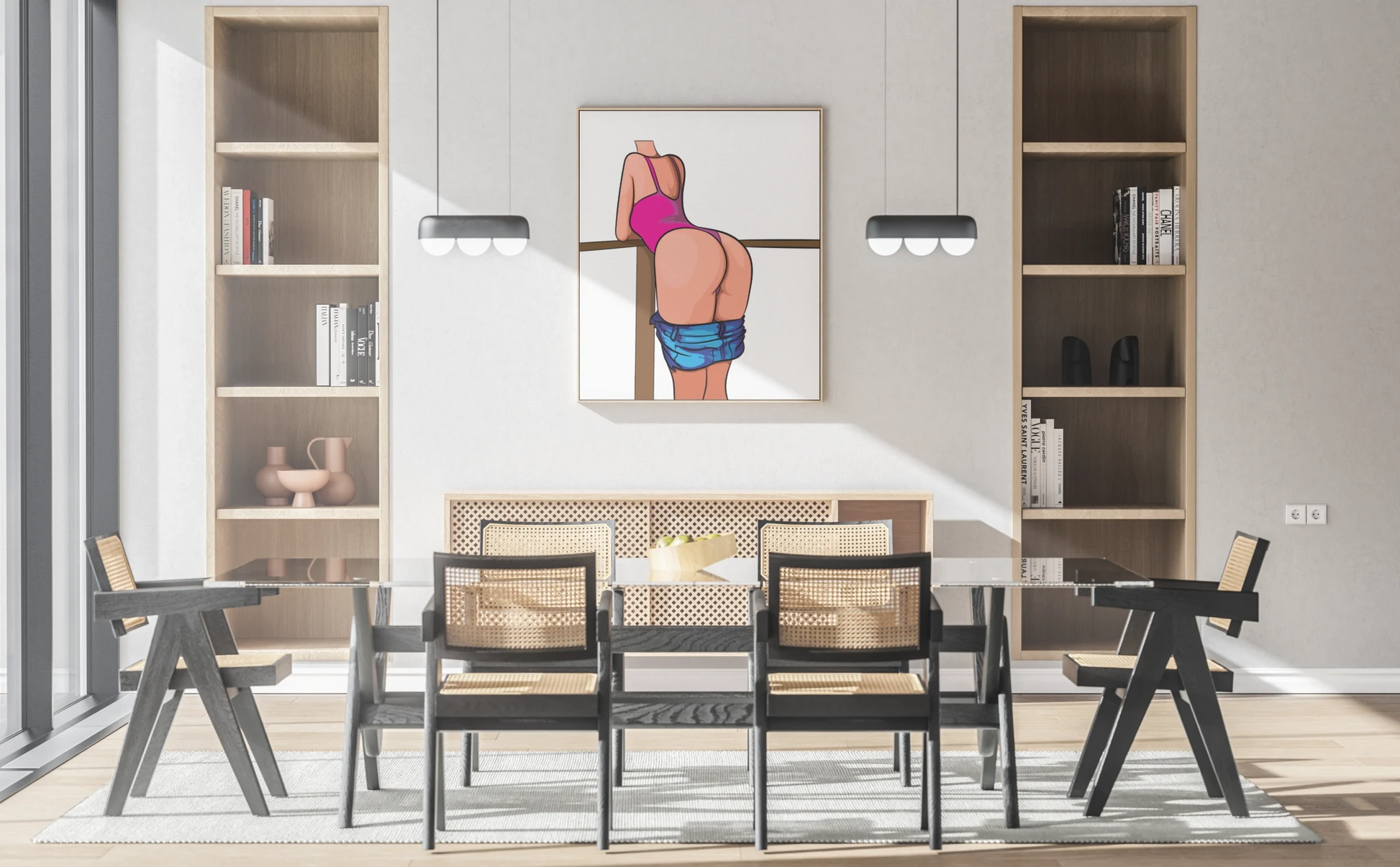 Baked Art - Model 91 digital illustration, featuring a figure in a pink swimsuit and denim jeans, leaning on a wooden railing.