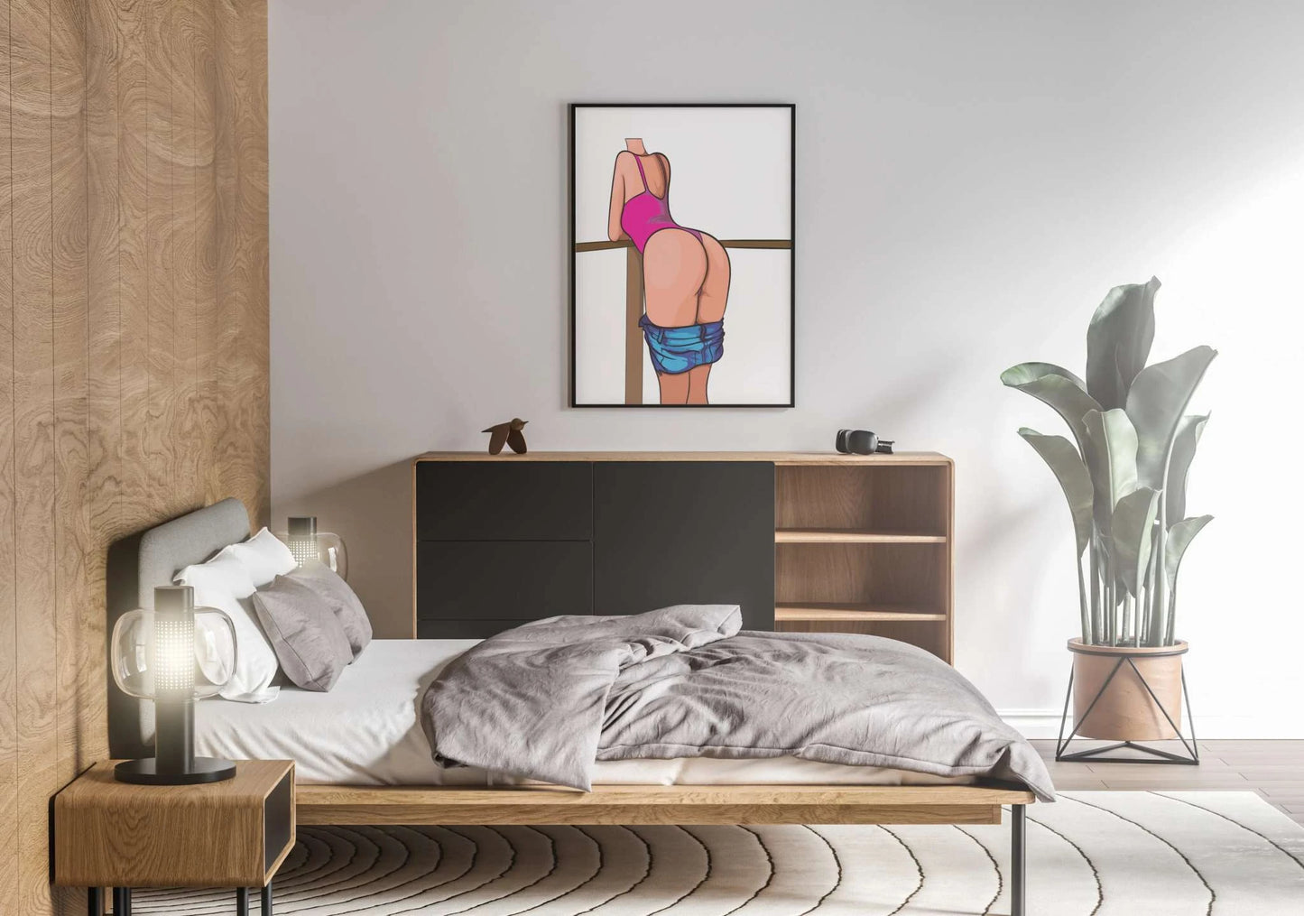 Digital art of a figure in a pink swimsuit leaning on a railing, with jeans hanging below waist; "Baked Art - Model 91".