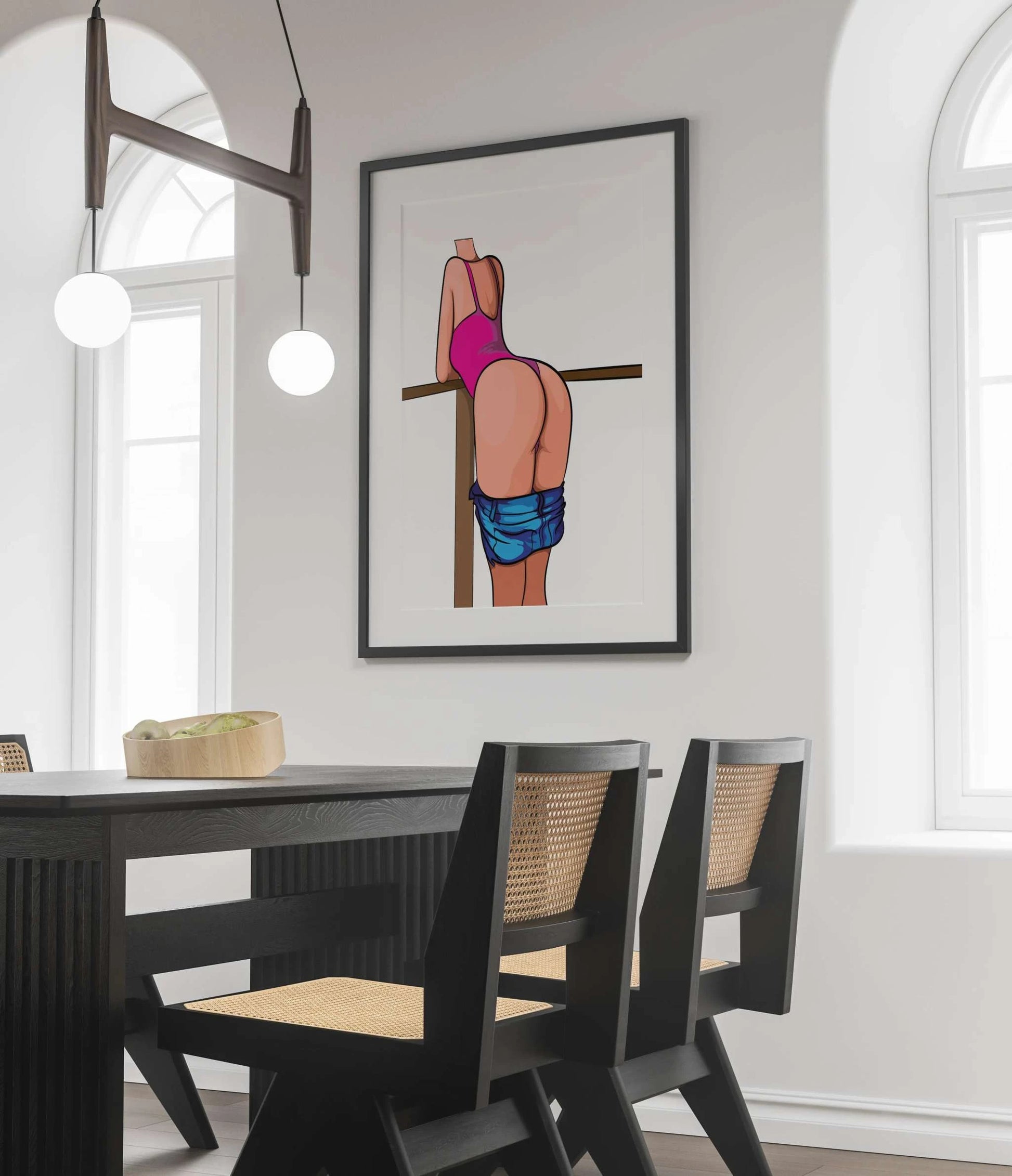 Baked Art - Model 91 digital artwork featuring a figure in a pink swimsuit with denim jeans, leaning on a wooden railing.