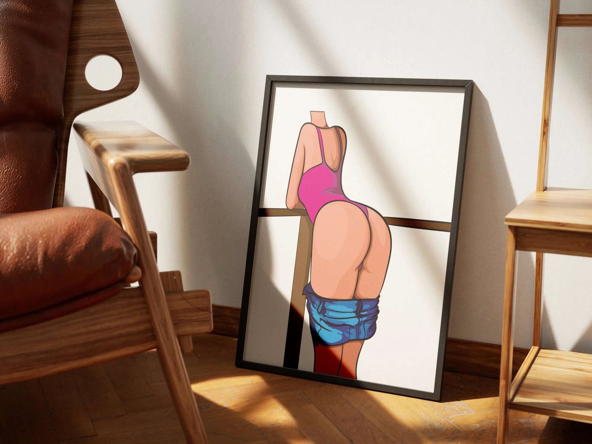 Digital art of a figure in a pink swimsuit, leaning on a railing, denim jeans hanging loosely, showcasing Baked Art - Model 91.