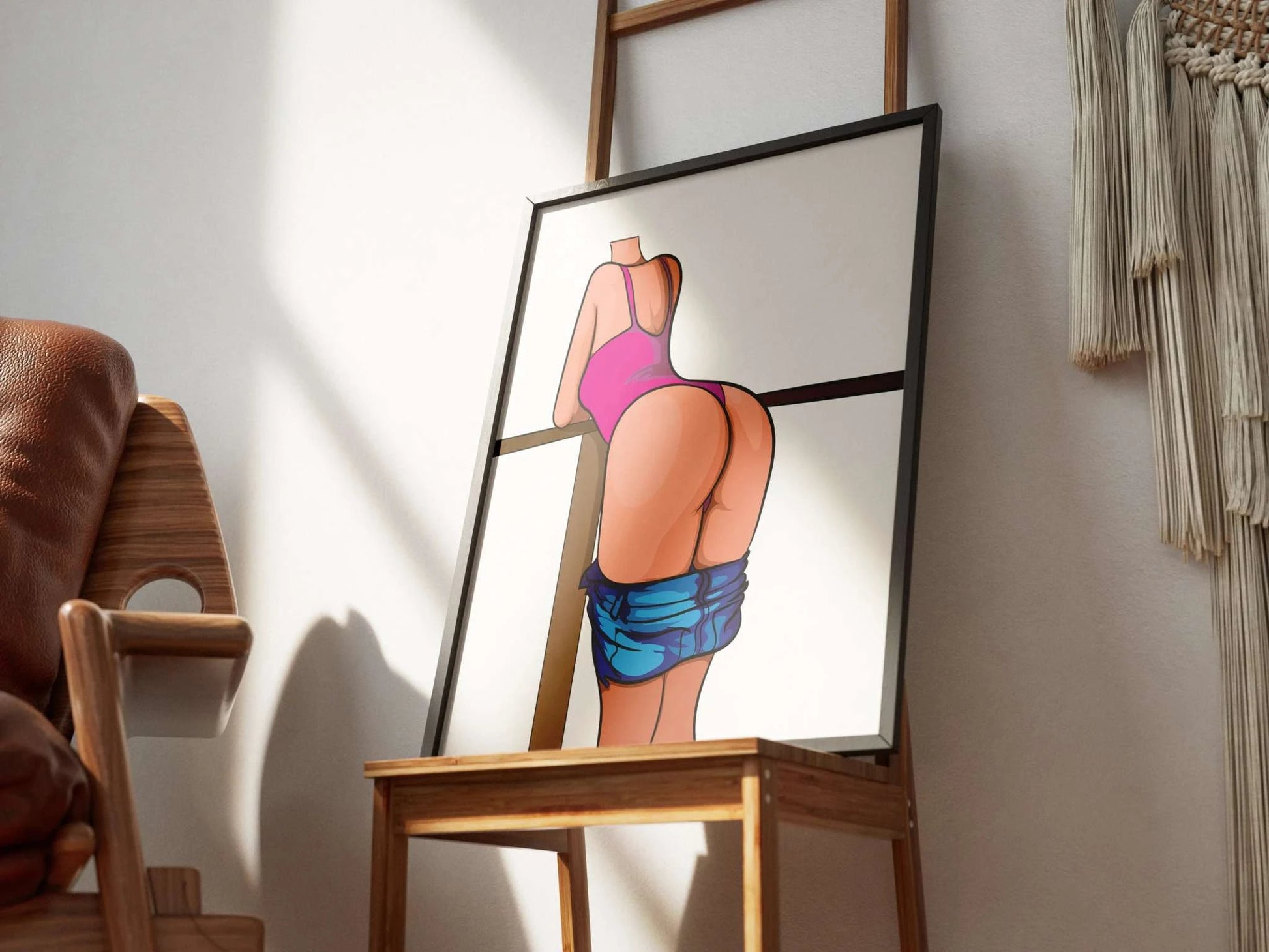 Digital art illustration featuring a figure in a bright pink swimsuit leaning on railing, with denim jeans hanging loosely, showcasing vibrant contrast and simple shading techniques.