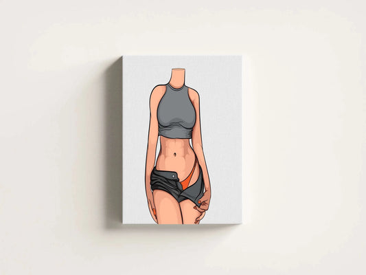 Stylized figure illustration wearing grey crop top and shorts, orange bikini visible, showcasing minimalism and body form.