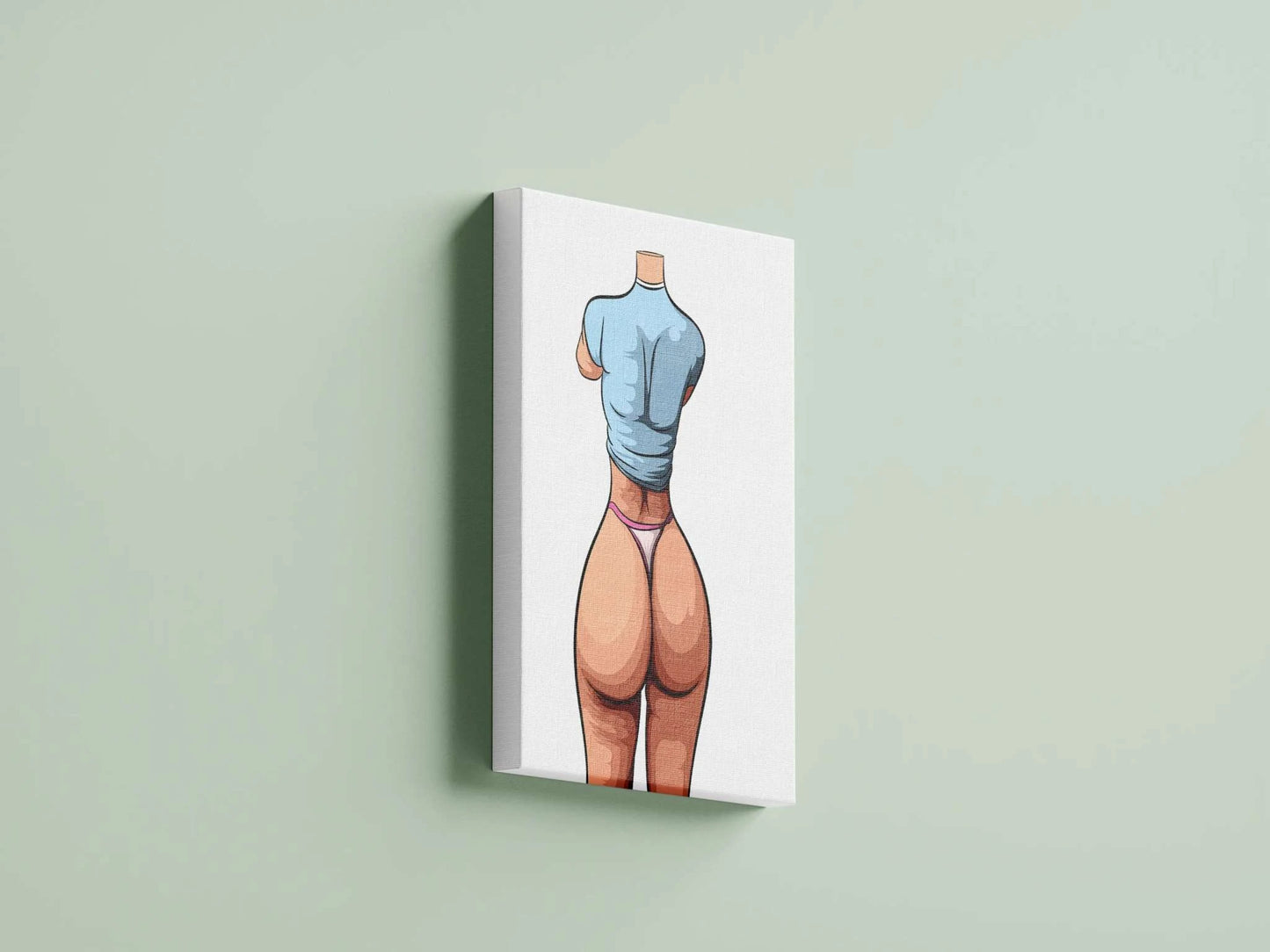 Digital artwork of stylized figure in light blue top and pink underwear, showcasing minimalistic and bold outlines with pastel contrast.