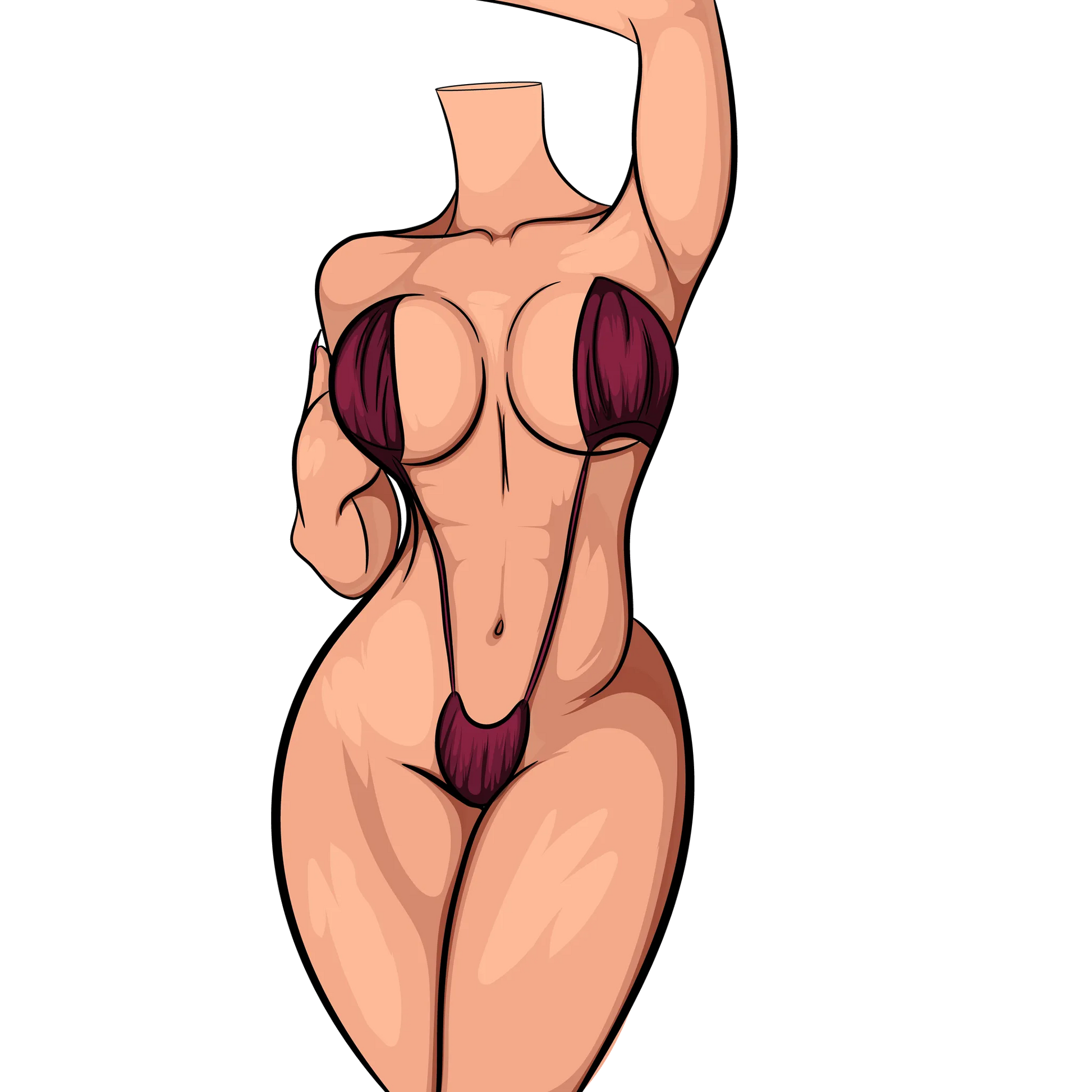 Stylized illustration of female figure in maroon bikini, Baked Art - Model 96.