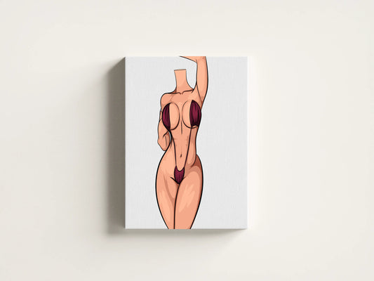 Stylized illustration of a female figure in maroon bikini, emphasizing bold curves and contours; digital download.