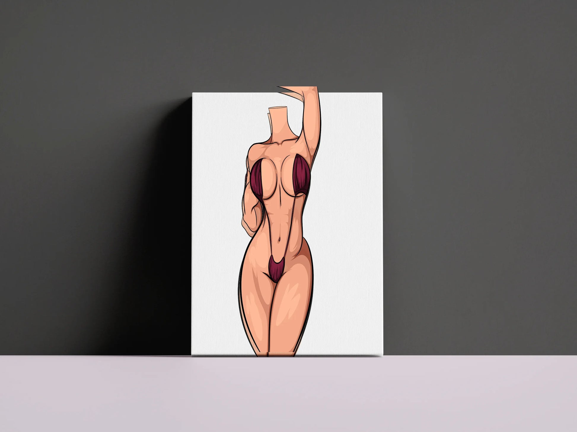 Stylized female figure in maroon bikini, digital art illustration with bold, cartoon-like style and exaggerated curves.