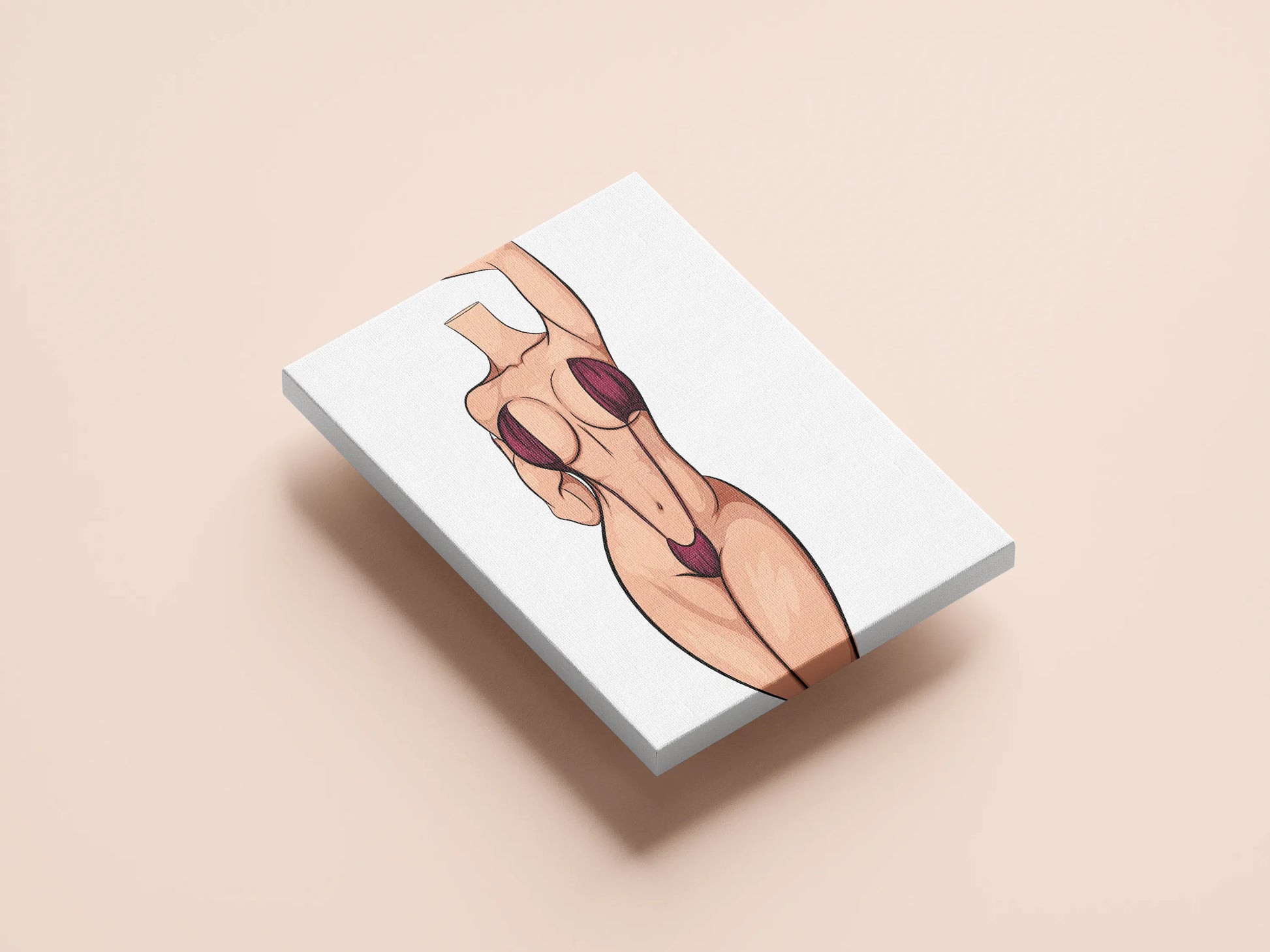 Stylized female figure in maroon bikini, exaggerated curves, cartoon-like digital illustration.