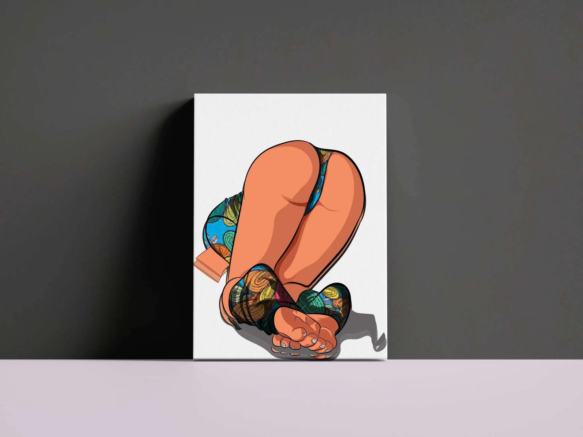 Digital artwork of Lingerie Model 9 showcasing colorful patterned lingerie on a modern canvas; vibrant and bold design.