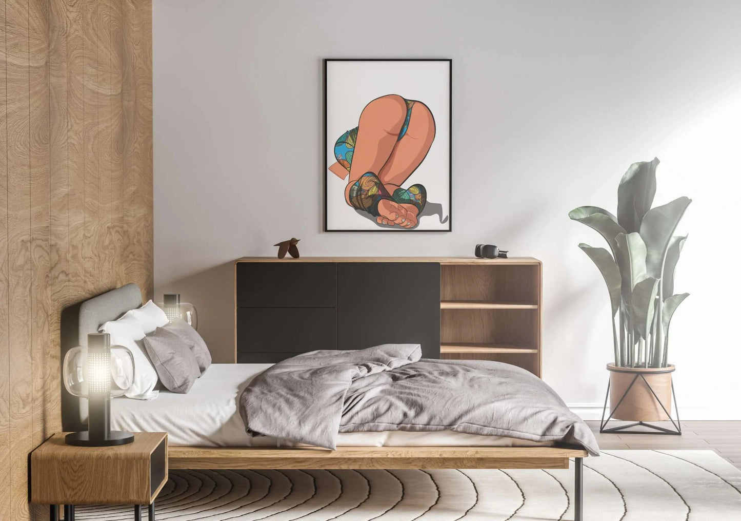 Digital artwork of Lingerie Model 9 on wall in modern bedroom setup.