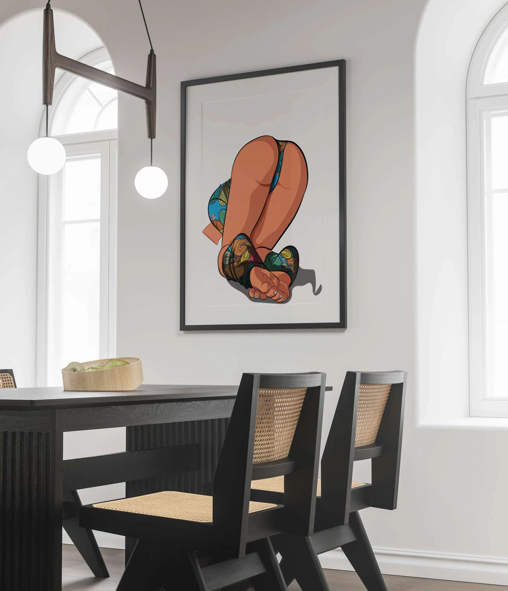 Lingerie Model 9 digital art framed in modern dining room setting.