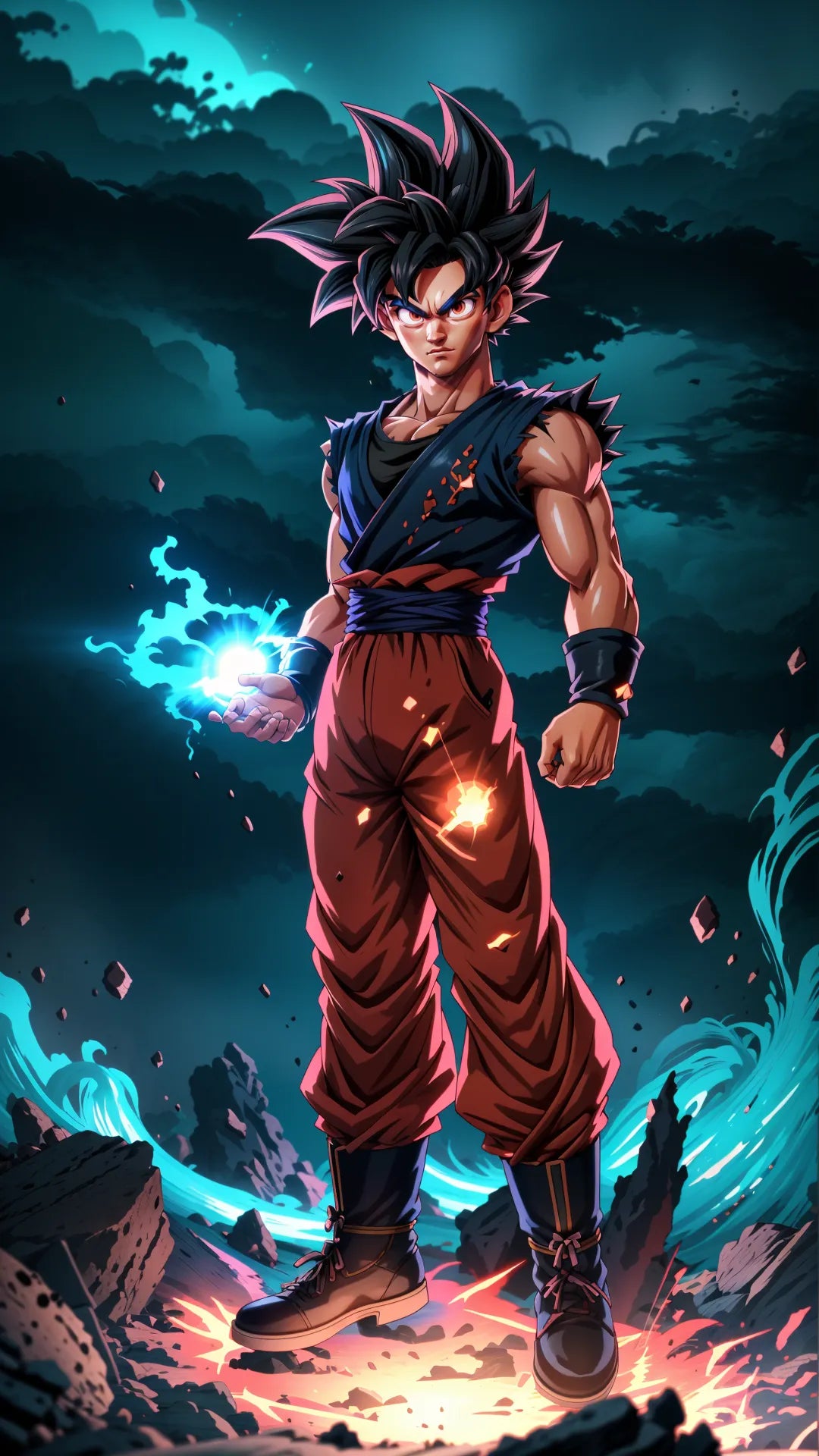 Anime-style artwork of a powerful character with spiky hair, set against a stormy background, created through custom A.I. art.