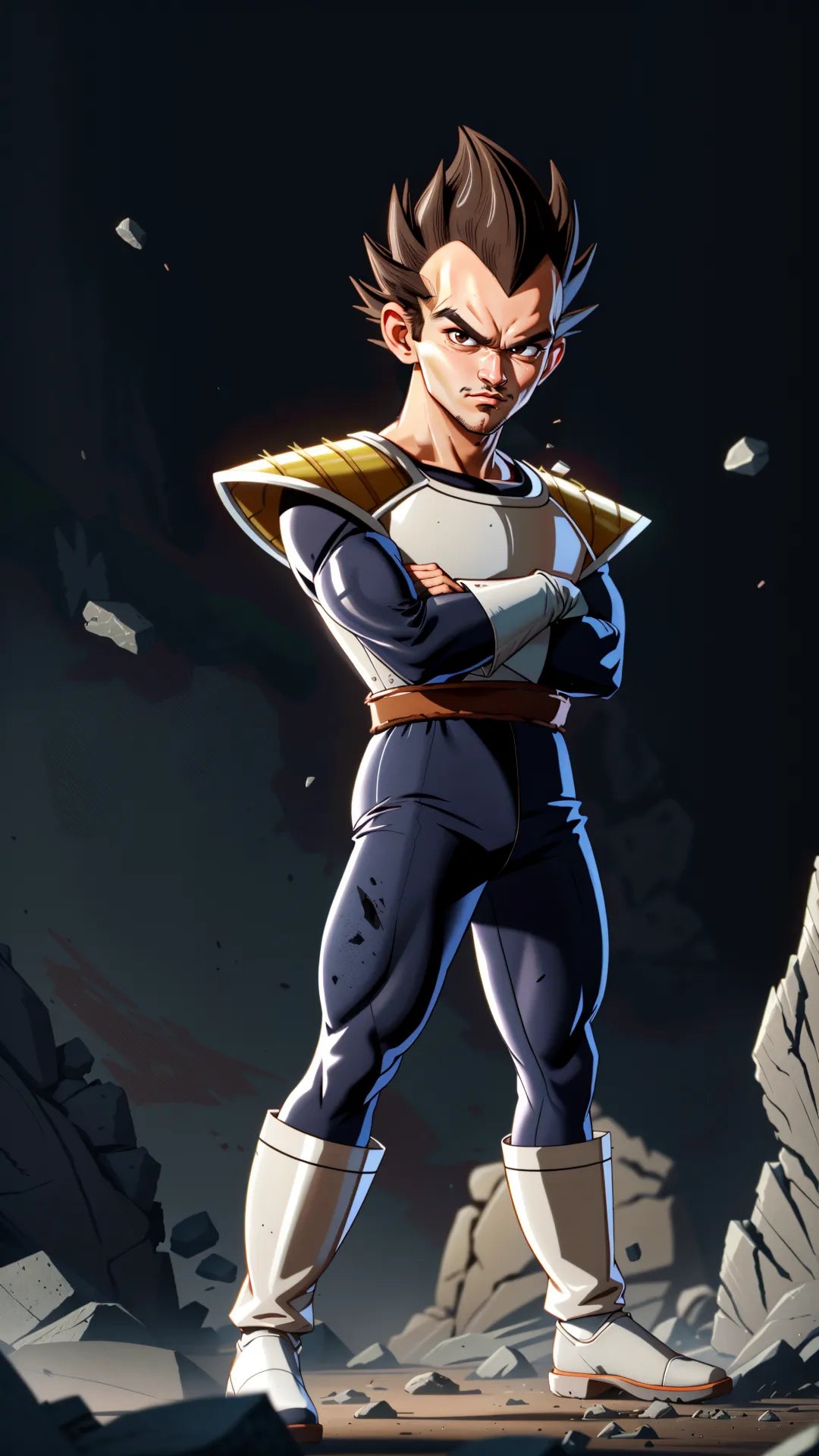 Anime-style digital art of a character inspired by iconic animation, showcasing a powerful pose in a rocky environment.