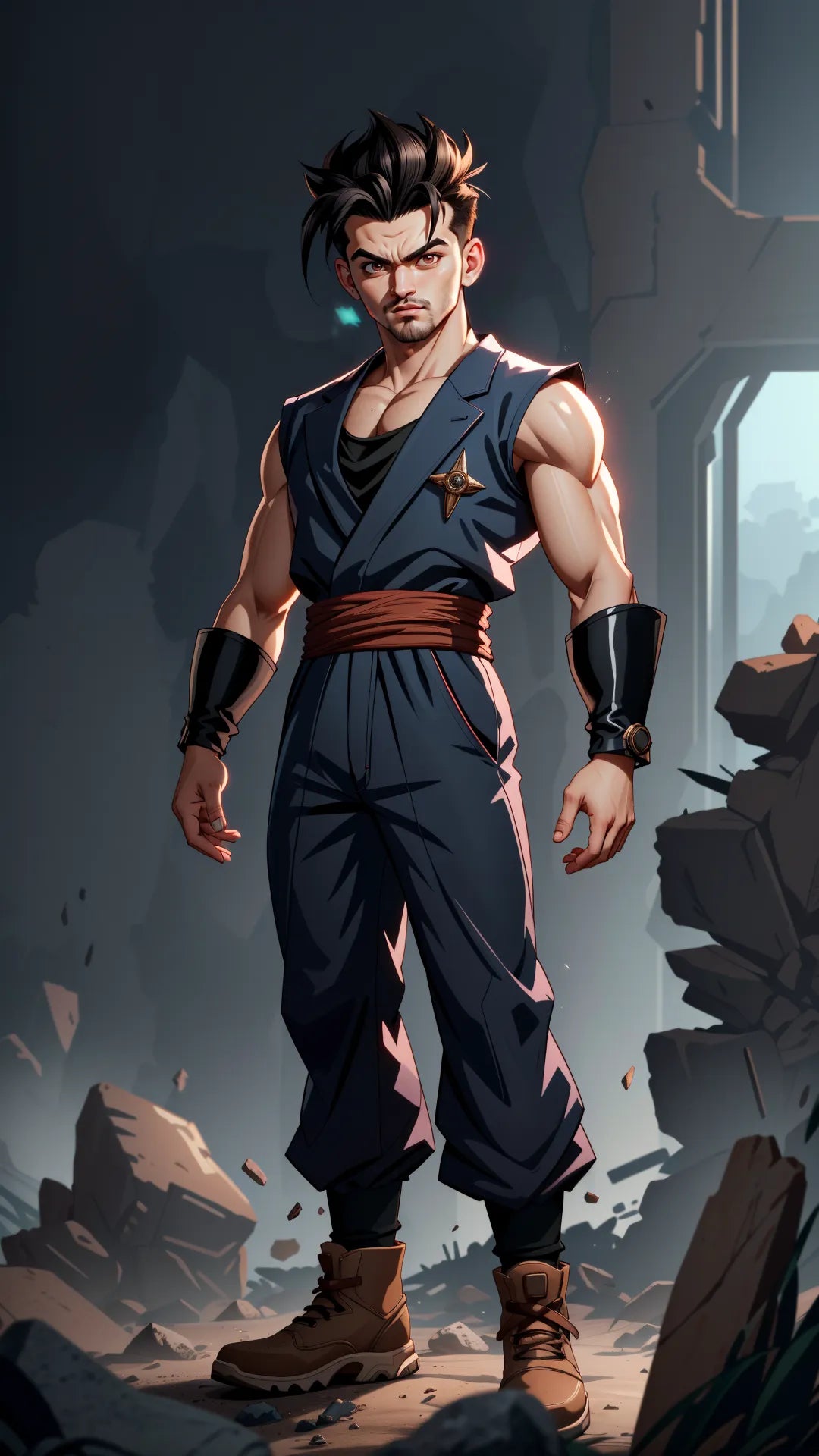 anime-style digital art of a man with spiky hair in a rugged environment