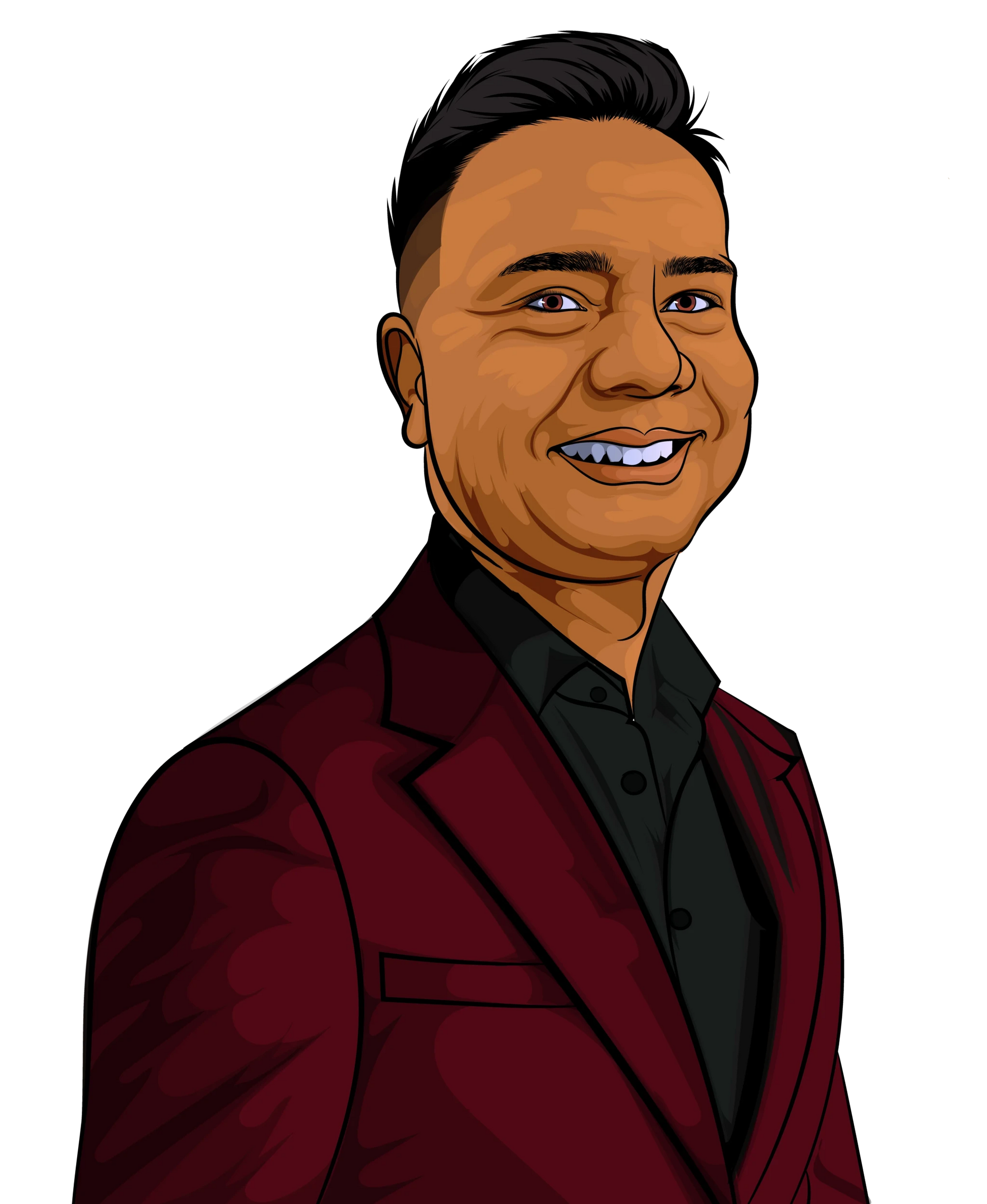 2D Colored Art portrait of a man in a maroon suit, smiling.