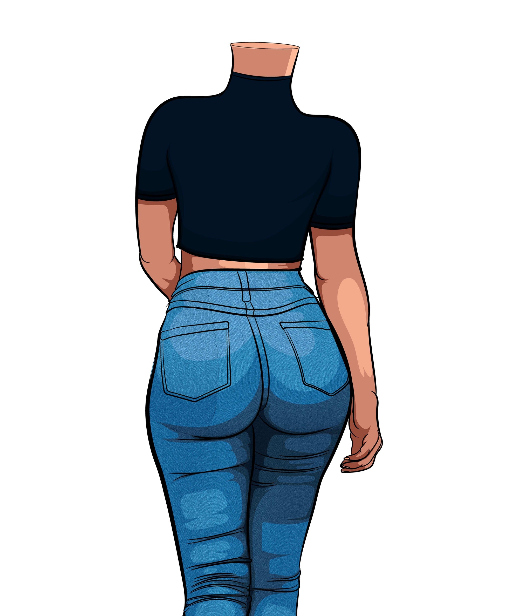 Modern pop art figure wearing high-waisted denim jeans.