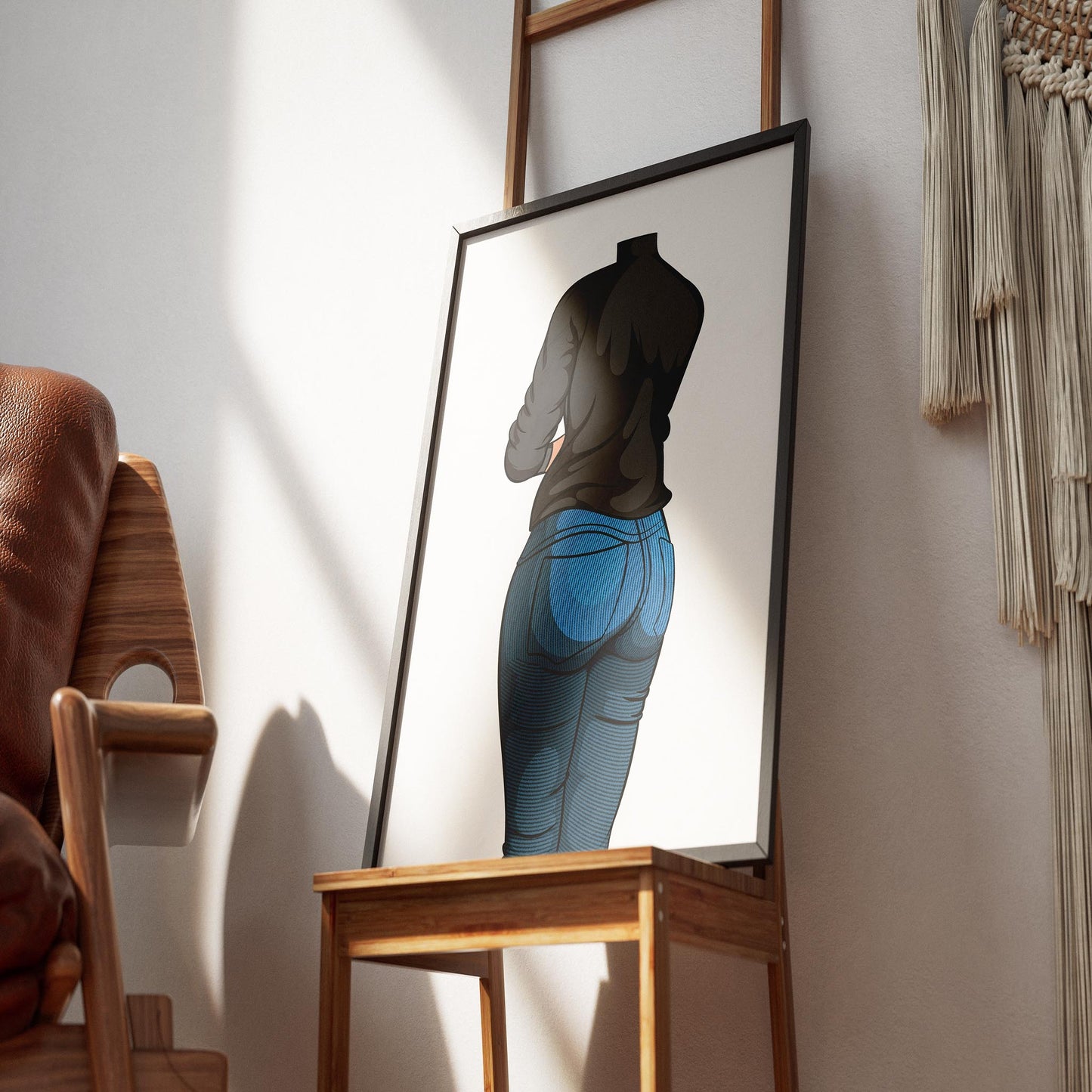 Stylish digital art featuring black top and blue jeans, perfect for fashion design enthusiasts.