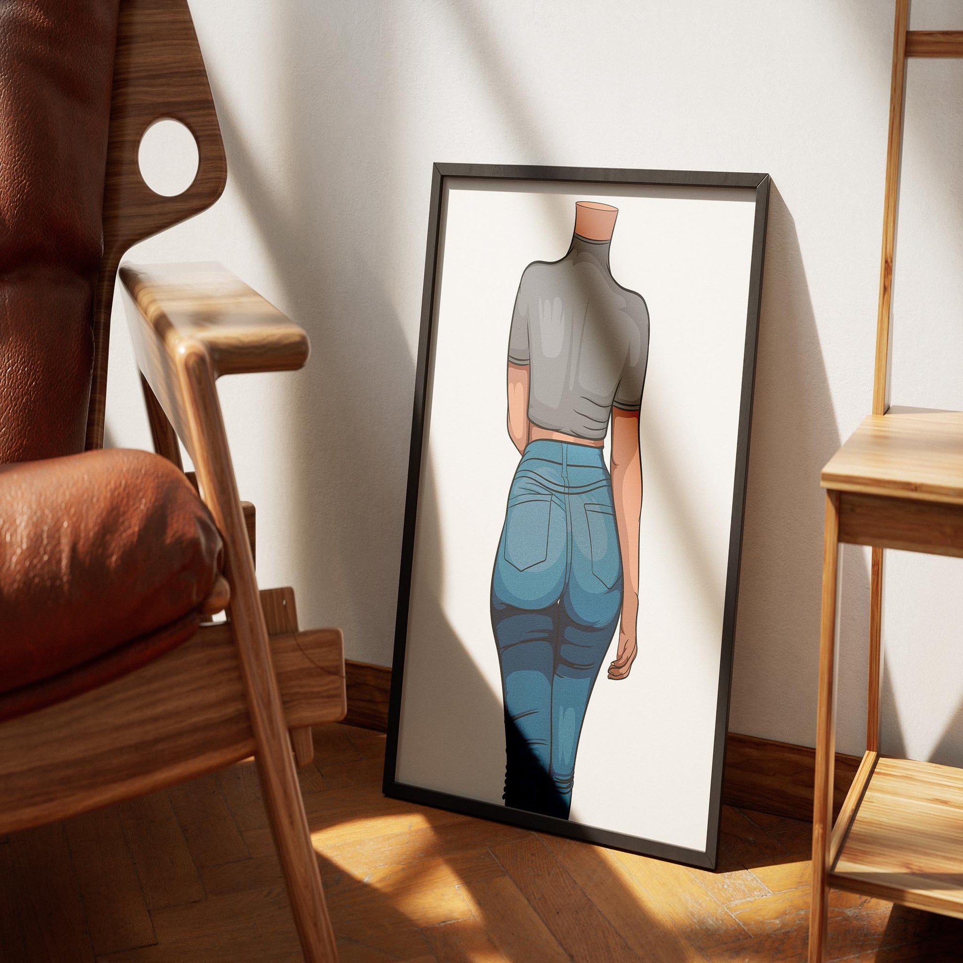 Stylish pop art digital print of a figure in classic denim jeans, framed and leaning against a wall in a cozy room.