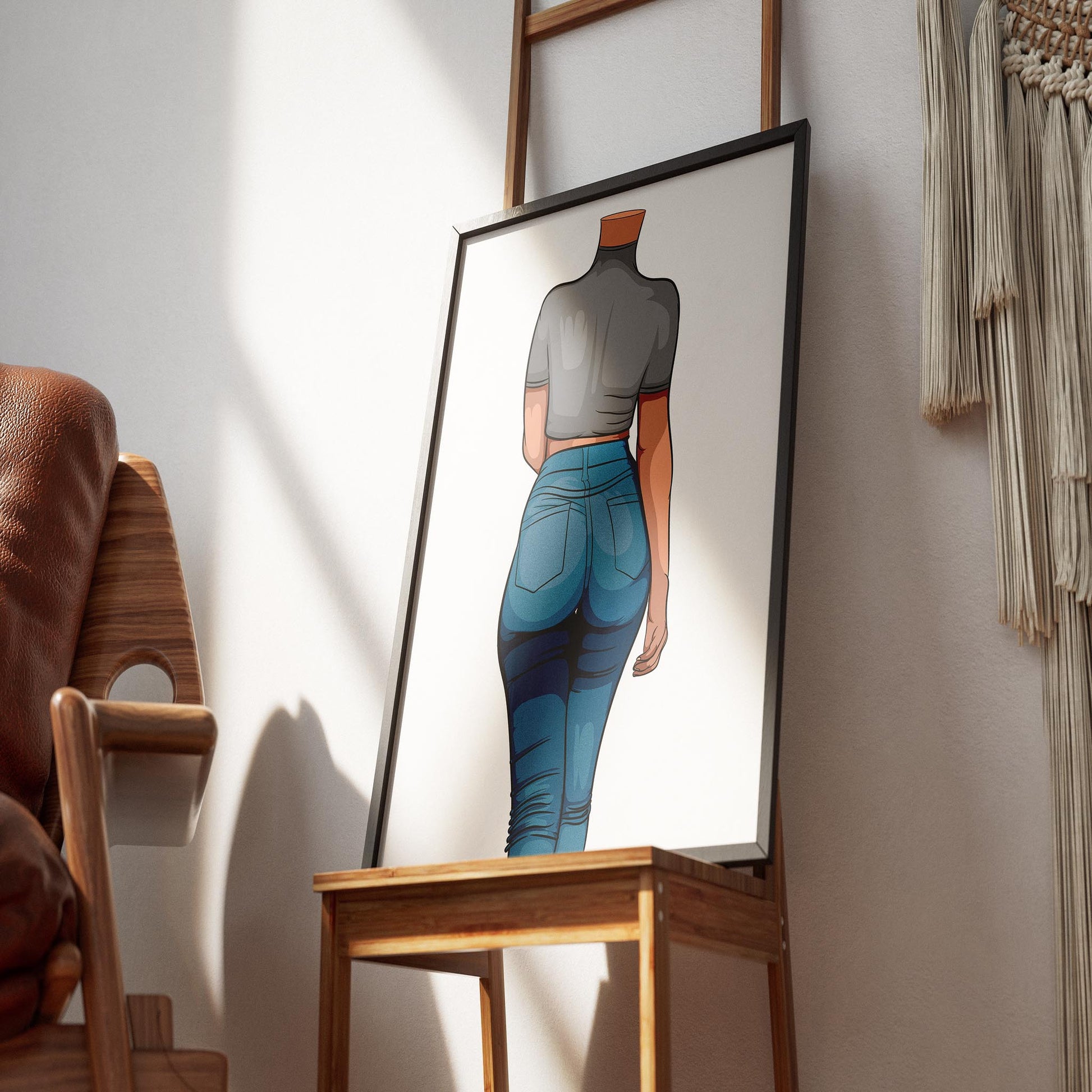 Pop art print of a fashionable figure in denim jeans, styled as "Jeans Denim - Baked Model Art 1".