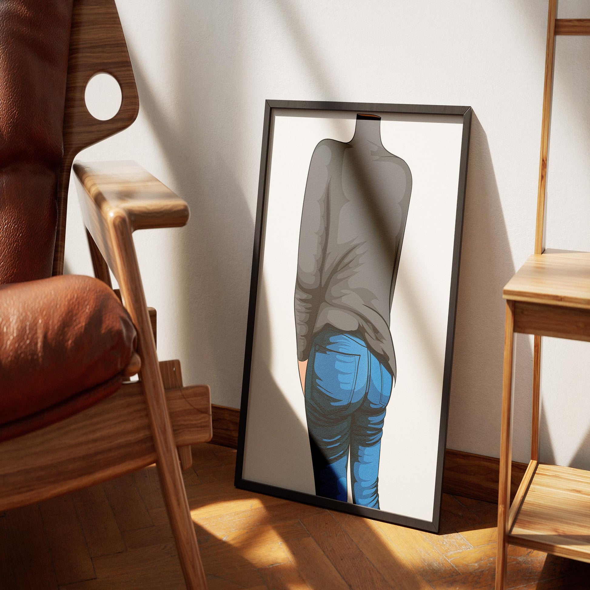 Jeans Denim - Baked Model Art 20 illustration in frame showcasing vivid blue jeans and gray turtleneck.