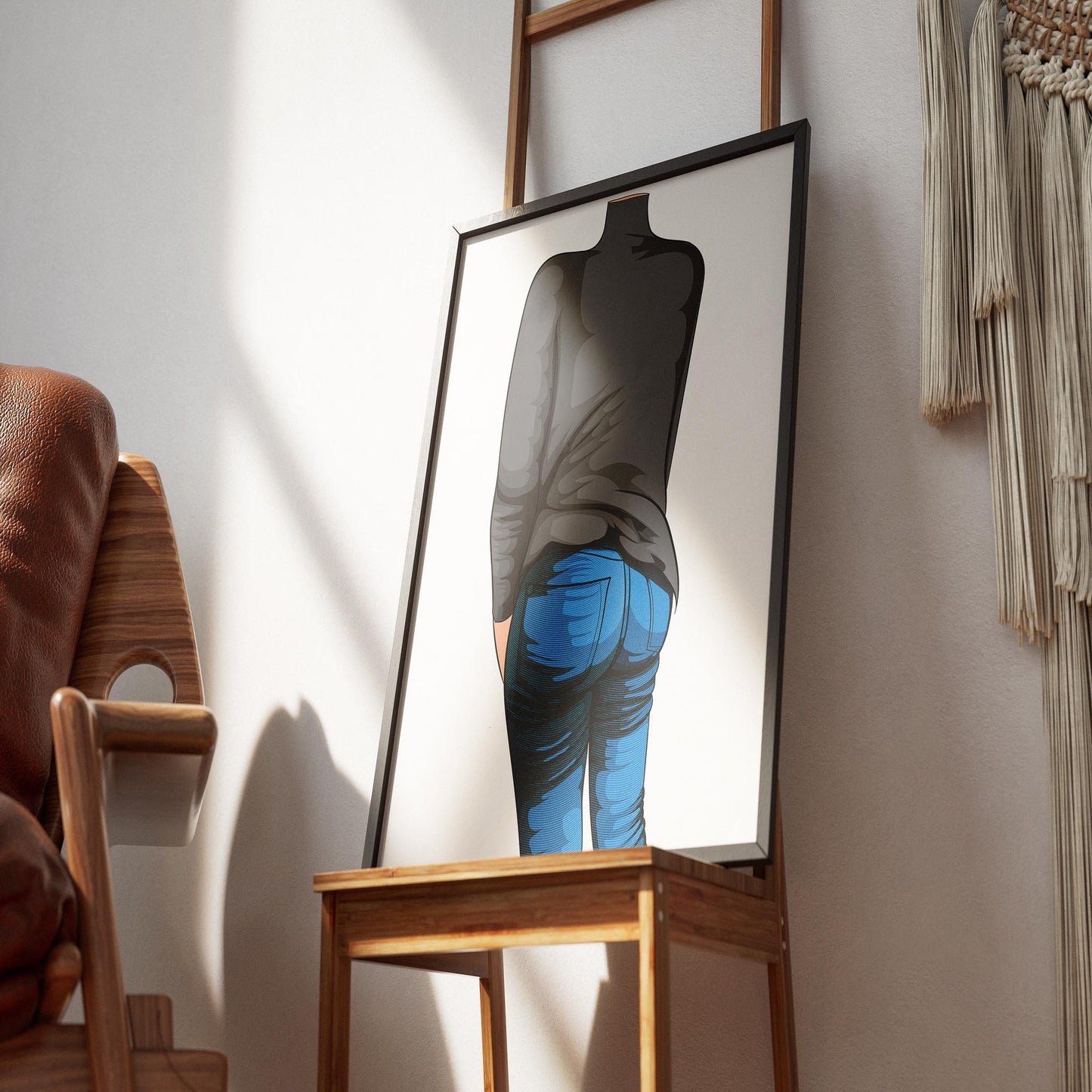 Illustration of a chic denim and turtleneck outfit emphasizing vivid blue jeans, showcasing digital art style and texture, ideal for fashion designs.