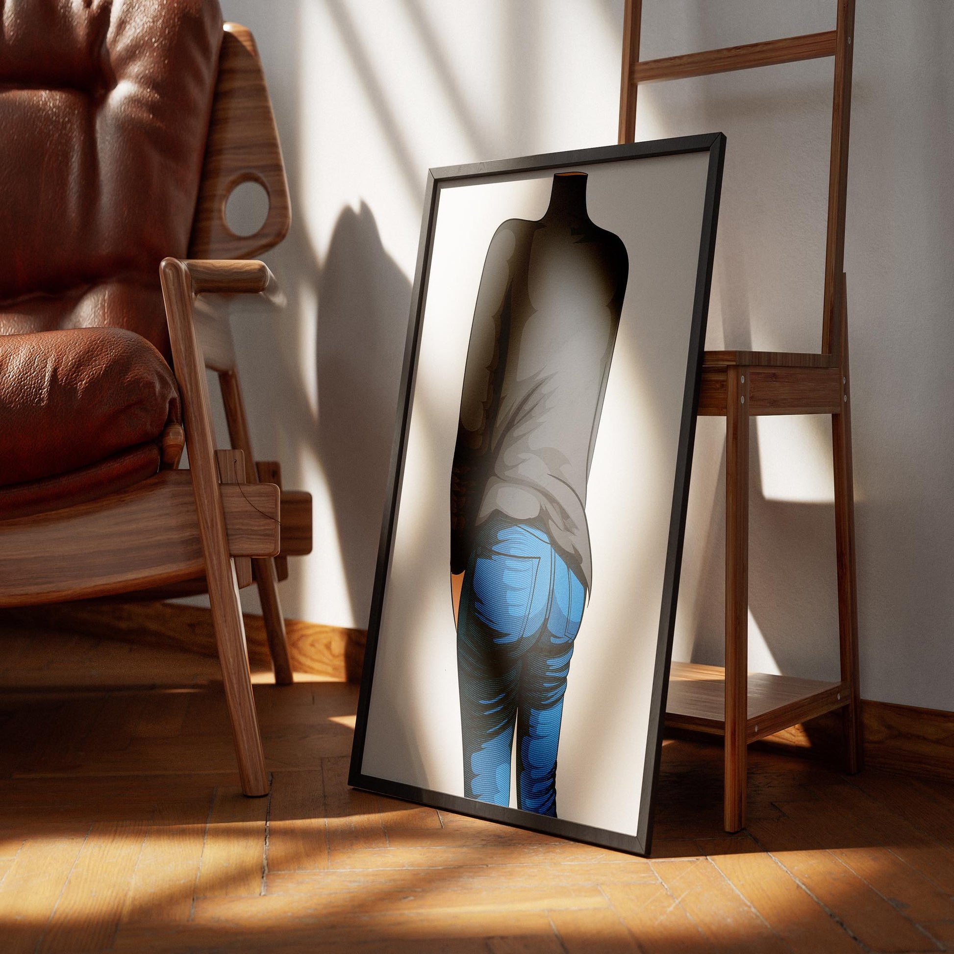 Illustration of Jeans Denim - Baked Model Art 20 with vivid blue jeans and gray turtleneck, highlighting texture and detail.