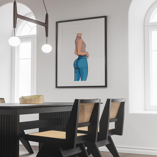 Digital artwork of Jeans Denim Model 22 framed on a wall in a stylish dining room.