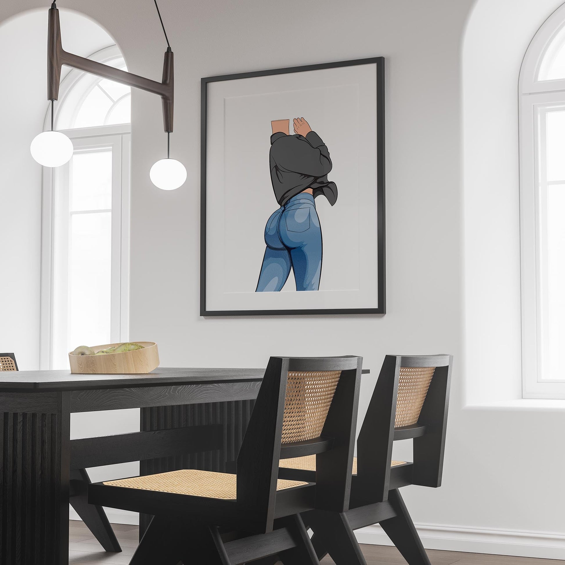 Illustration of jeans denim with artful shading, framed in a contemporary interior setting.