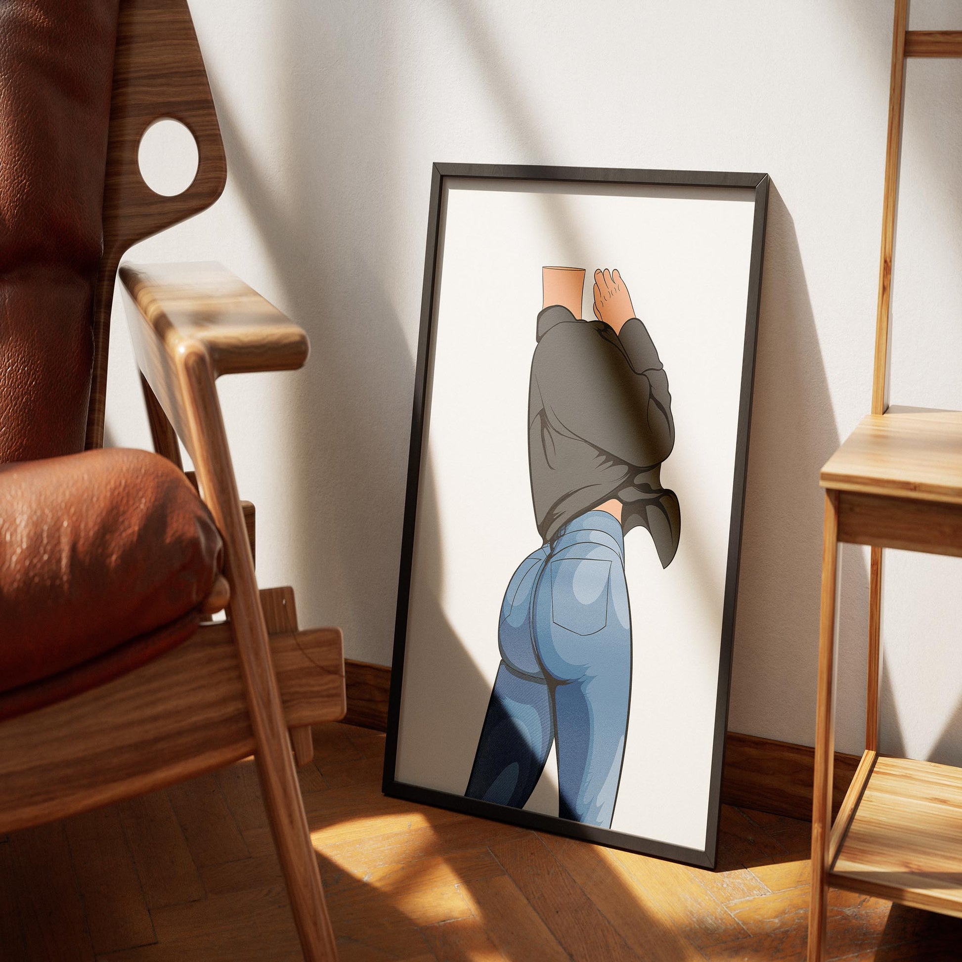 Digital artwork of jeans denim model showcasing "Baked Model Art 23," highlighting fitted jeans and draped top.