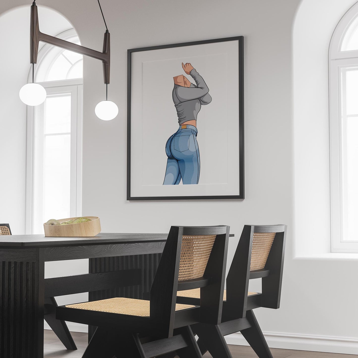 Illustration of stylish denim fashion featuring Jeans Denim - Baked Model Art 24, showcasing detailed texturing and dynamic pose in a modern interior setting.