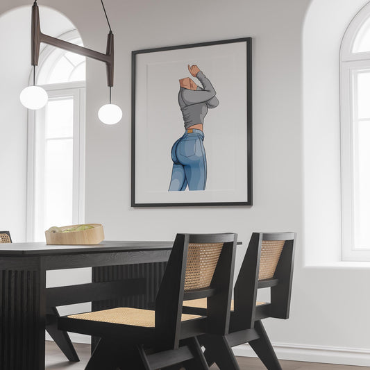 Illustration of stylish denim fashion featuring Jeans Denim - Baked Model Art 24, showcasing detailed texturing and dynamic pose in a modern interior setting.