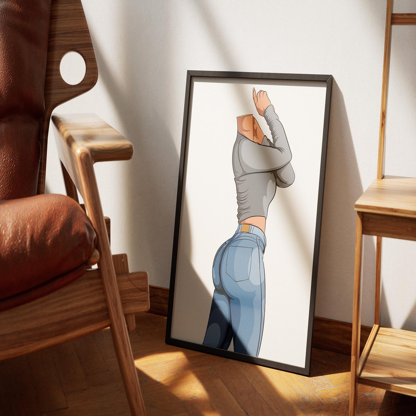 Illustration of stylish jeans denim with dynamic pose, showcasing detailed texturing and shading, ideal for fashion and character design projects.